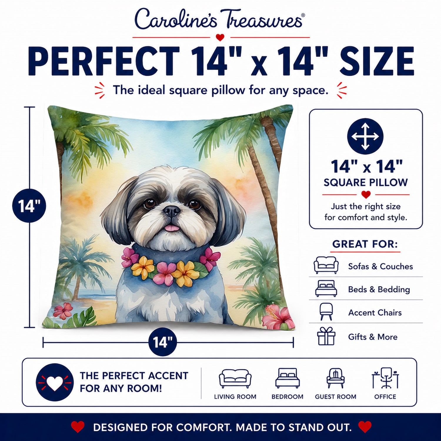 Shih Tzu Luau Decorative Throw Pillow 14x14 Indoor Outdoor Accent Cushion, Fabric Cover with Insert for Sofa, Bed, Porch & Living Room