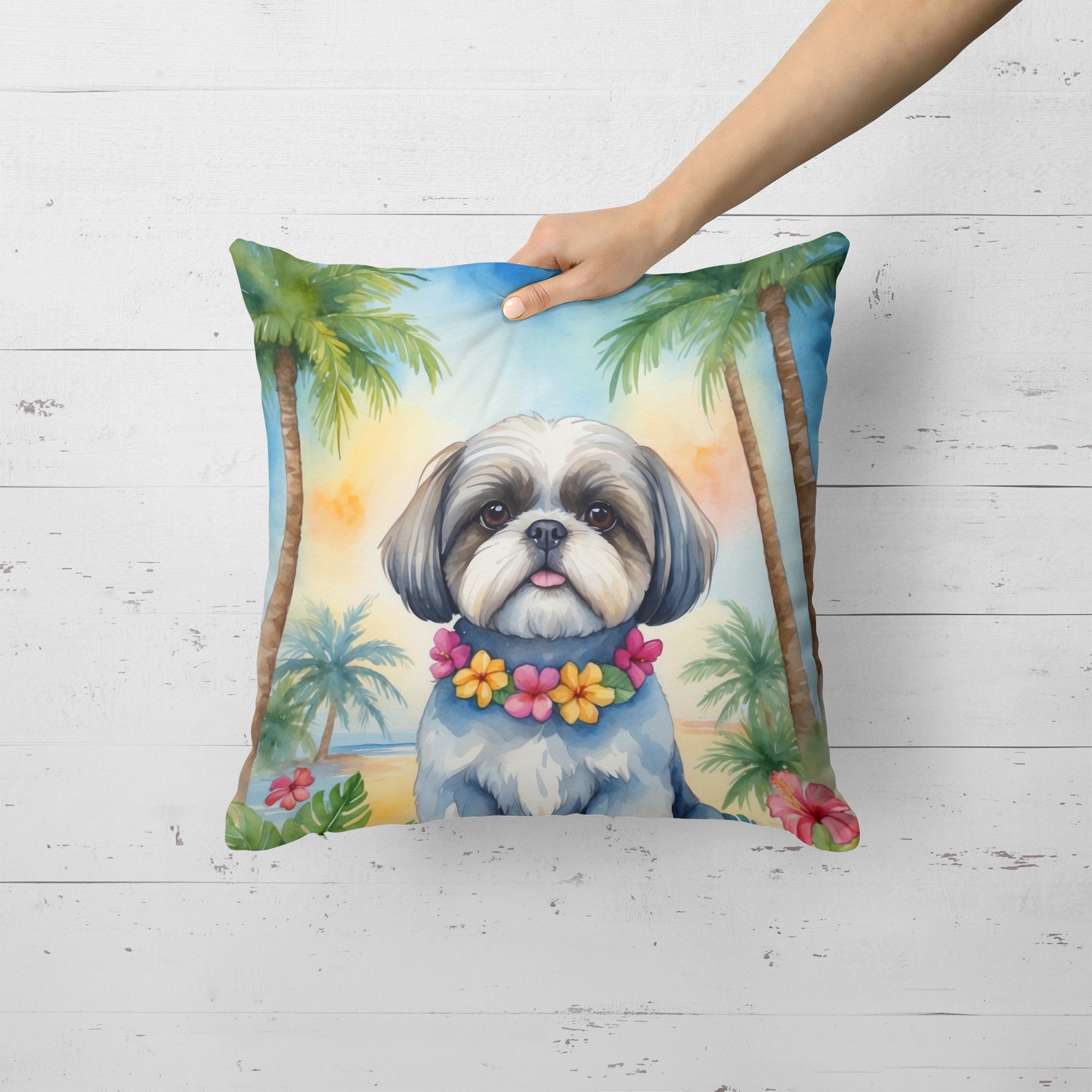 Shih Tzu Luau Decorative Throw Pillow 18x18 Indoor Outdoor Accent Cushion, Fabric Cover with Insert for Sofa, Bed, Porch & Living Room