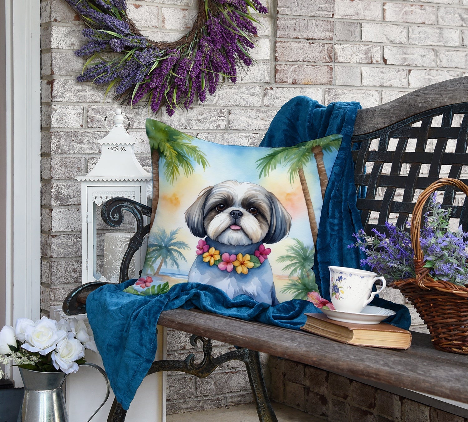 Shih Tzu Luau Decorative Throw Pillow 18x18 Indoor Outdoor Accent Cushion, Fabric Cover with Insert for Sofa, Bed, Porch & Living Room