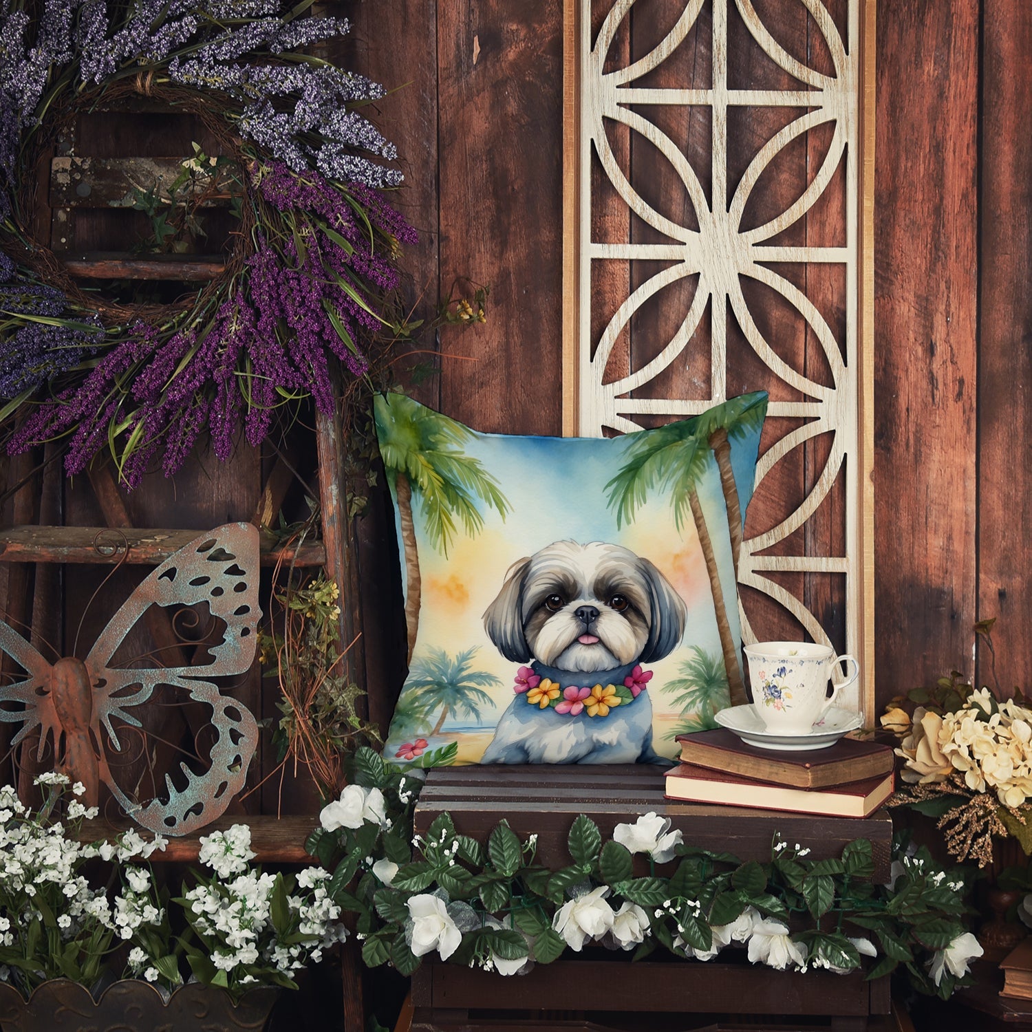 Shih Tzu Luau Decorative Throw Pillow 18x18 Indoor Outdoor Accent Cushion, Fabric Cover with Insert for Sofa, Bed, Porch & Living Room