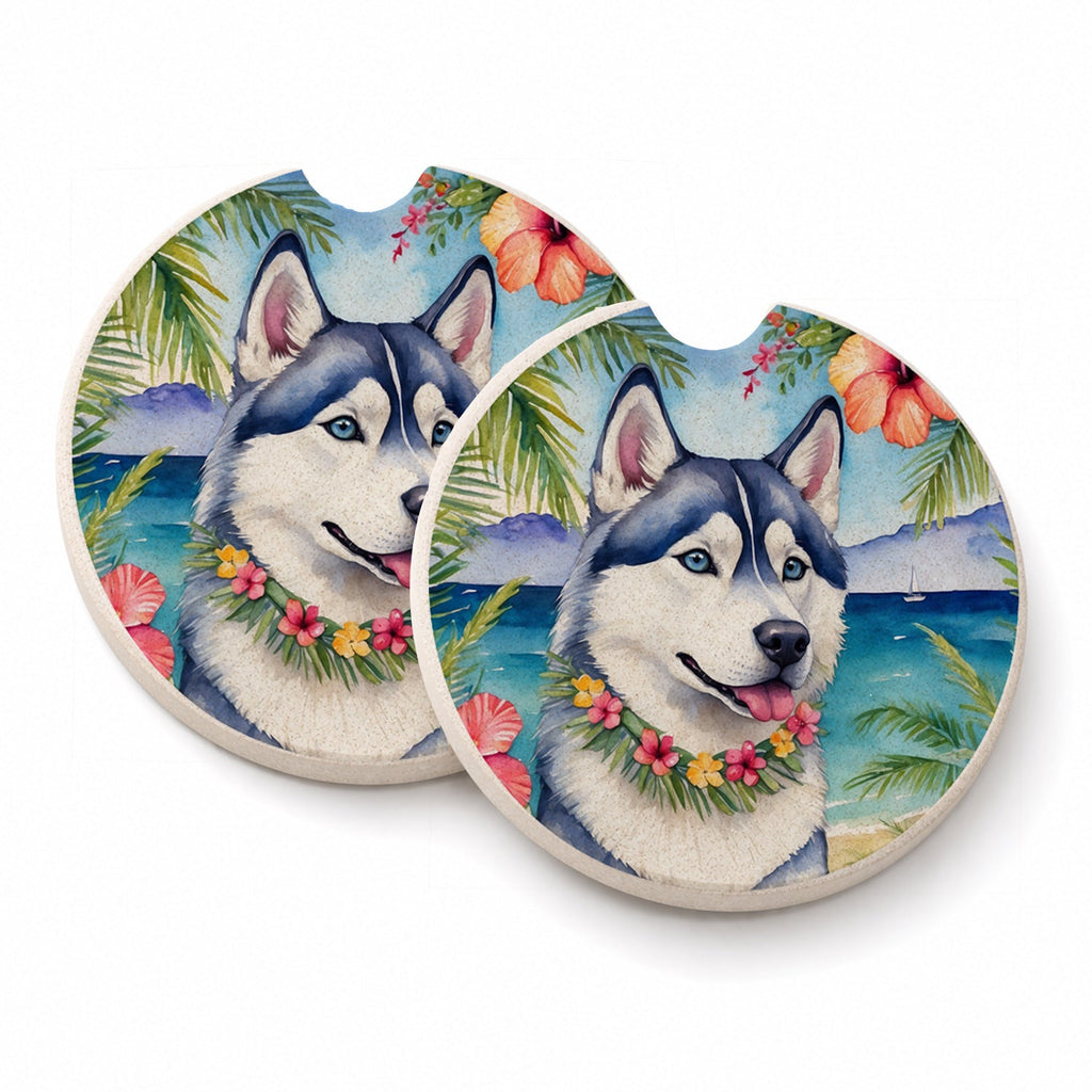 Siberian Husky Luau Set of 2 Cup Holder Car Coasters Absorbent Round Sandstone Coasters Gifts for Men or Women, 2.5, Multicolor