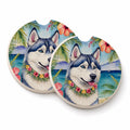 Siberian Husky Luau Set of 2 Cup Holder Car Coasters Absorbent Round Sandstone Coasters Gifts for Men or Women, 2.5, Multicolor