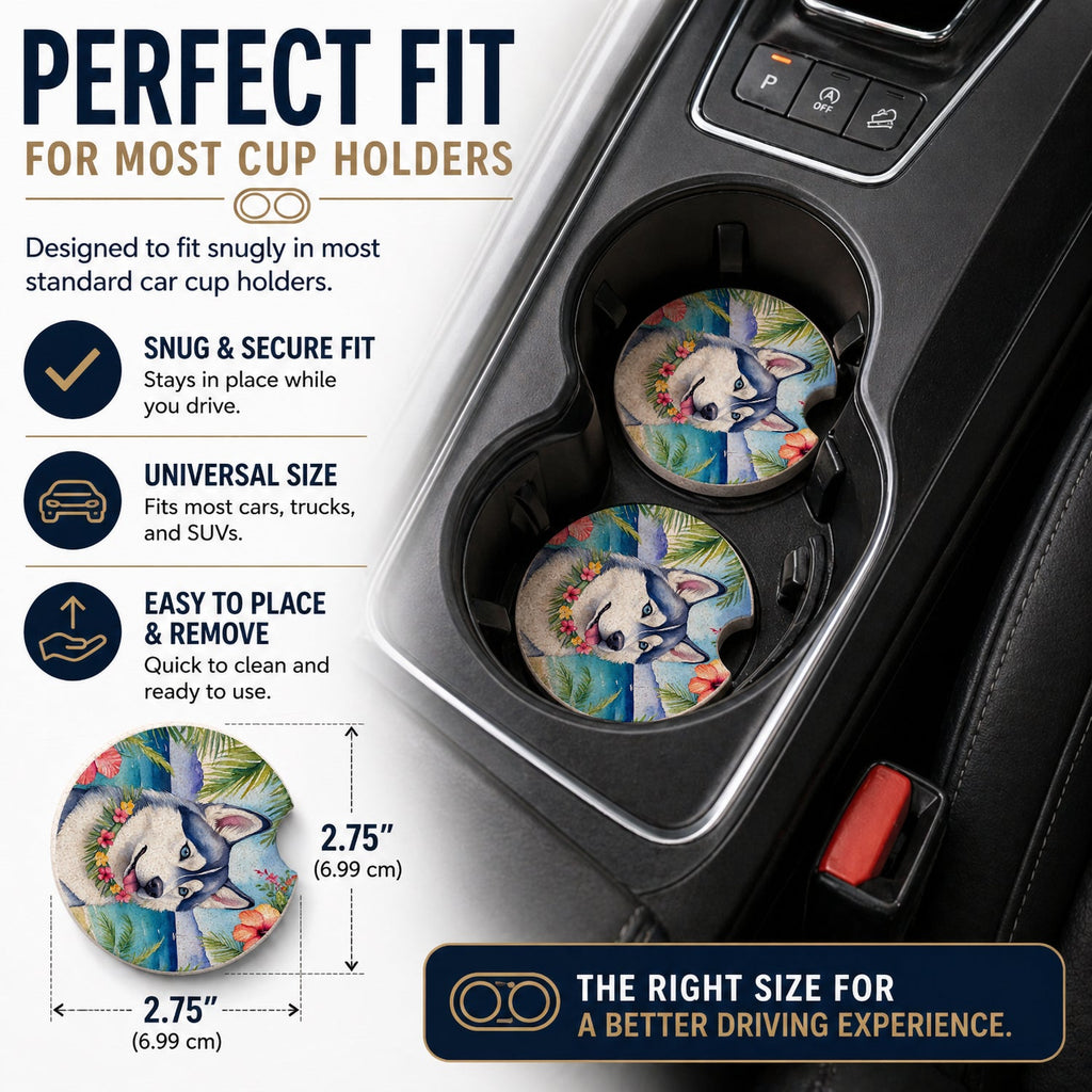 Siberian Husky Luau Set of 2 Cup Holder Car Coasters Absorbent Round Sandstone Coasters Gifts for Men or Women, 2.5, Multicolor