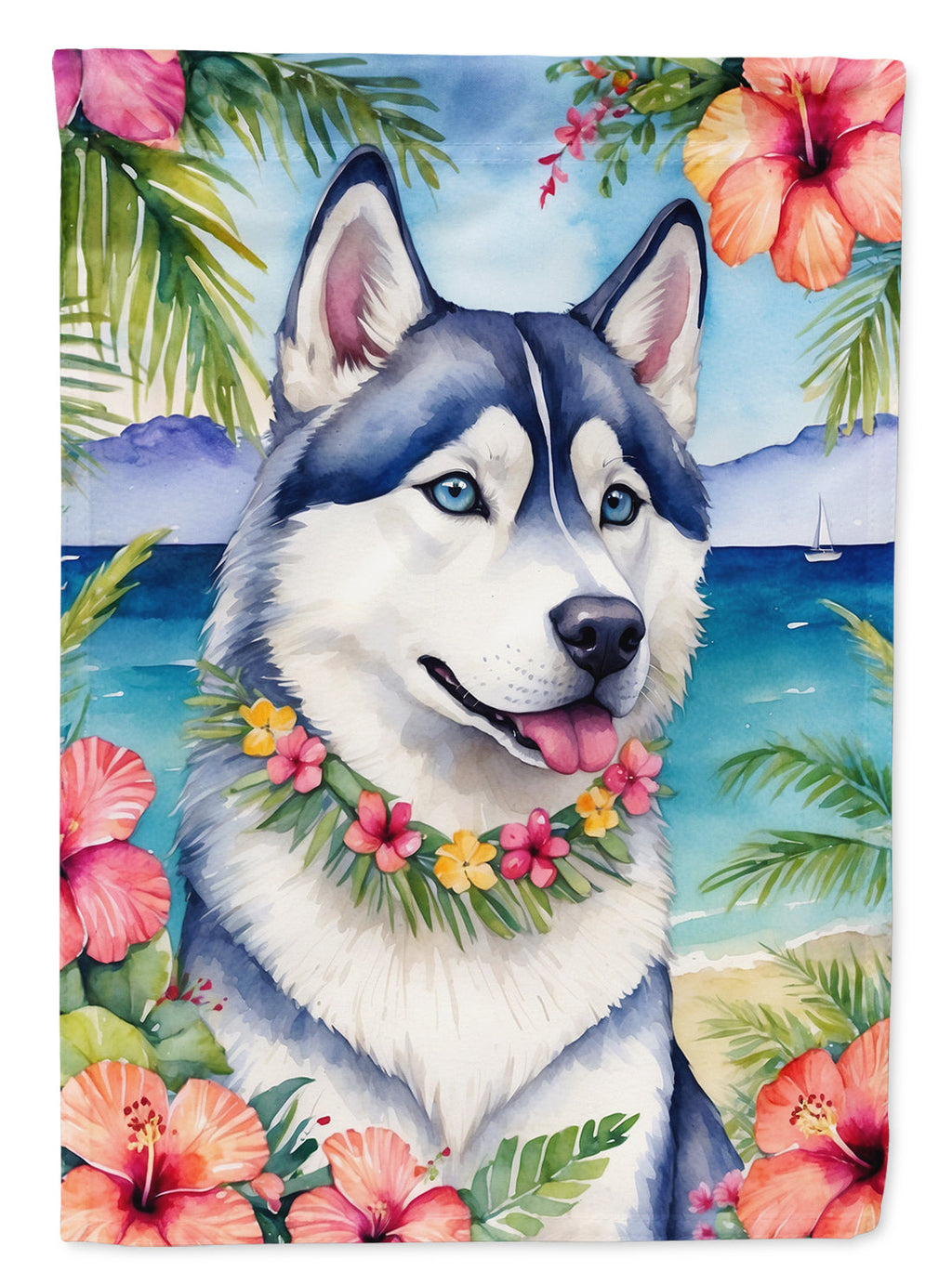 Siberian Husky Luau House Flag 28x40 Porch Sleeve Pole Decorative Outside Yard Banner Artwork Wall Hanging, Polyester