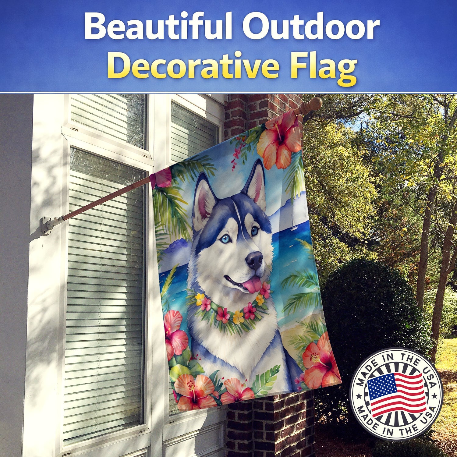 Siberian Husky Luau House Flag 28x40 Porch Sleeve Pole Decorative Outside Yard Banner Artwork Wall Hanging, Polyester