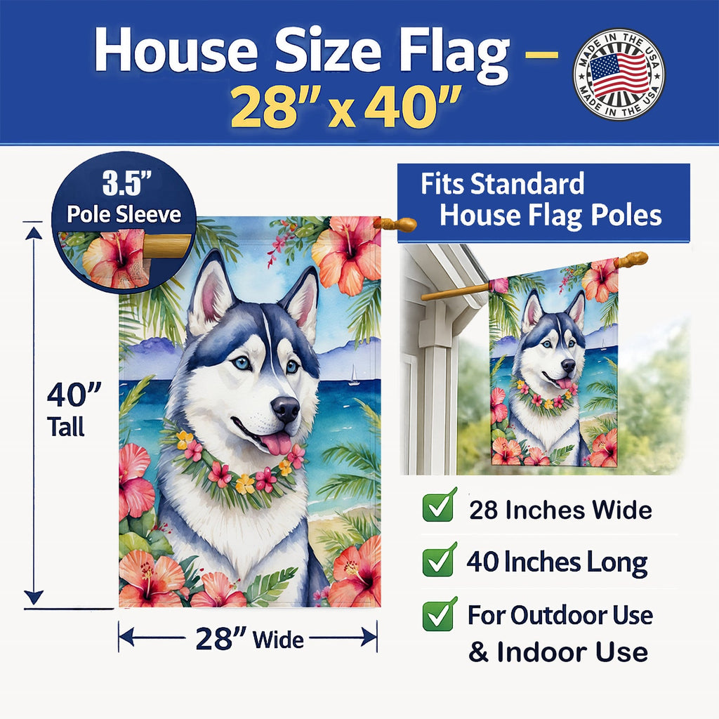 Siberian Husky Luau House Flag 28x40 Porch Sleeve Pole Decorative Outside Yard Banner Artwork Wall Hanging, Polyester