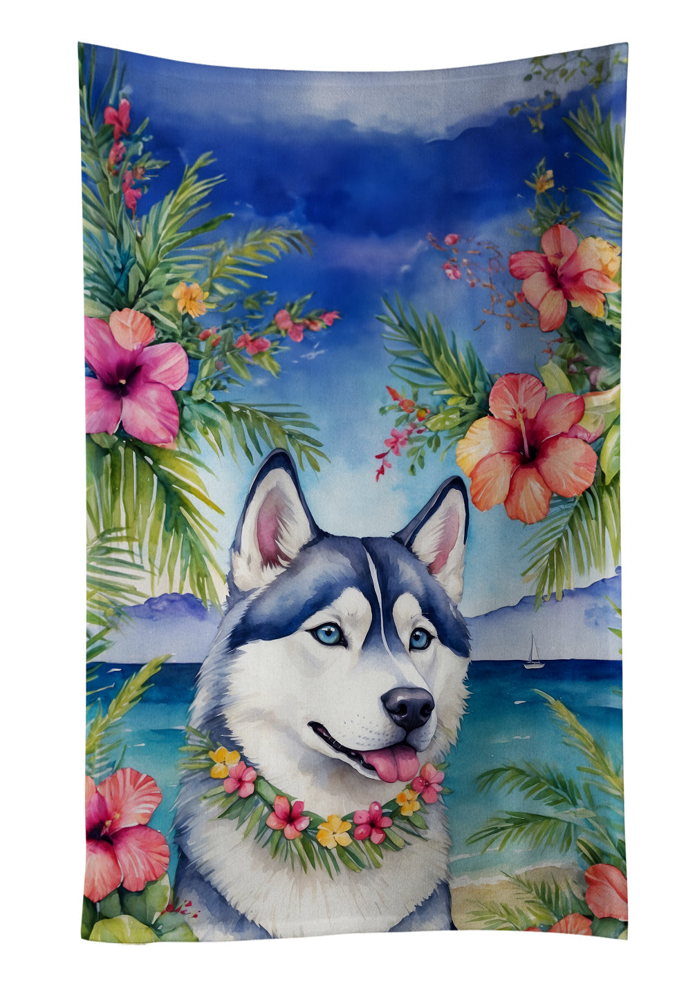 Siberian Husky Luau Kitchen Towel Velour Plush Front and Cotton Loop Back Machine Washable