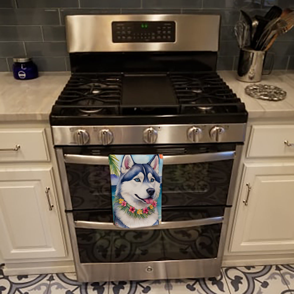 Siberian Husky Luau Kitchen Towel Velour Plush Front and Cotton Loop Back Machine Washable