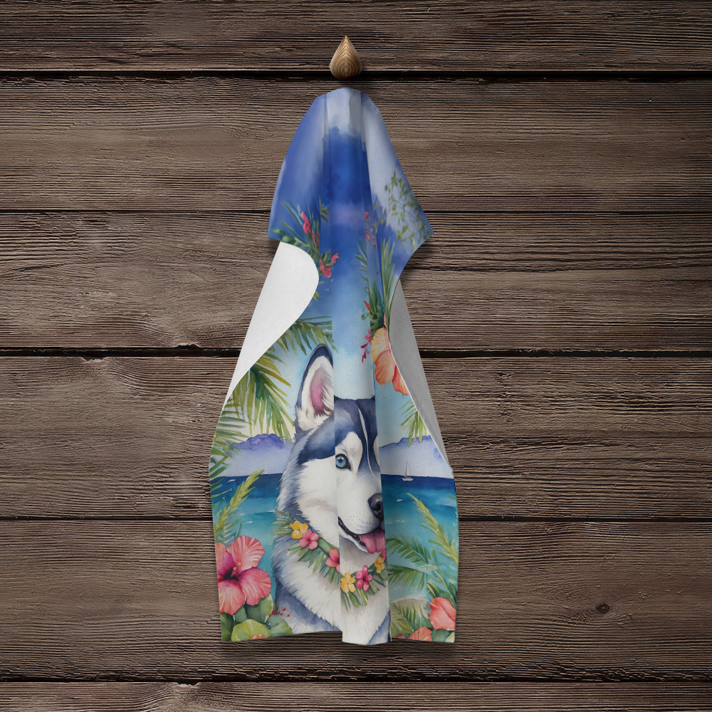 Siberian Husky Luau Kitchen Towel Velour Plush Front and Cotton Loop Back Machine Washable