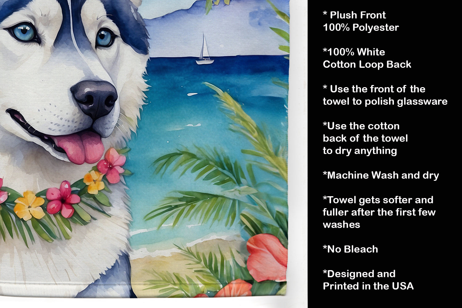 Siberian Husky Luau Kitchen Towel Velour Plush Front and Cotton Loop Back Machine Washable