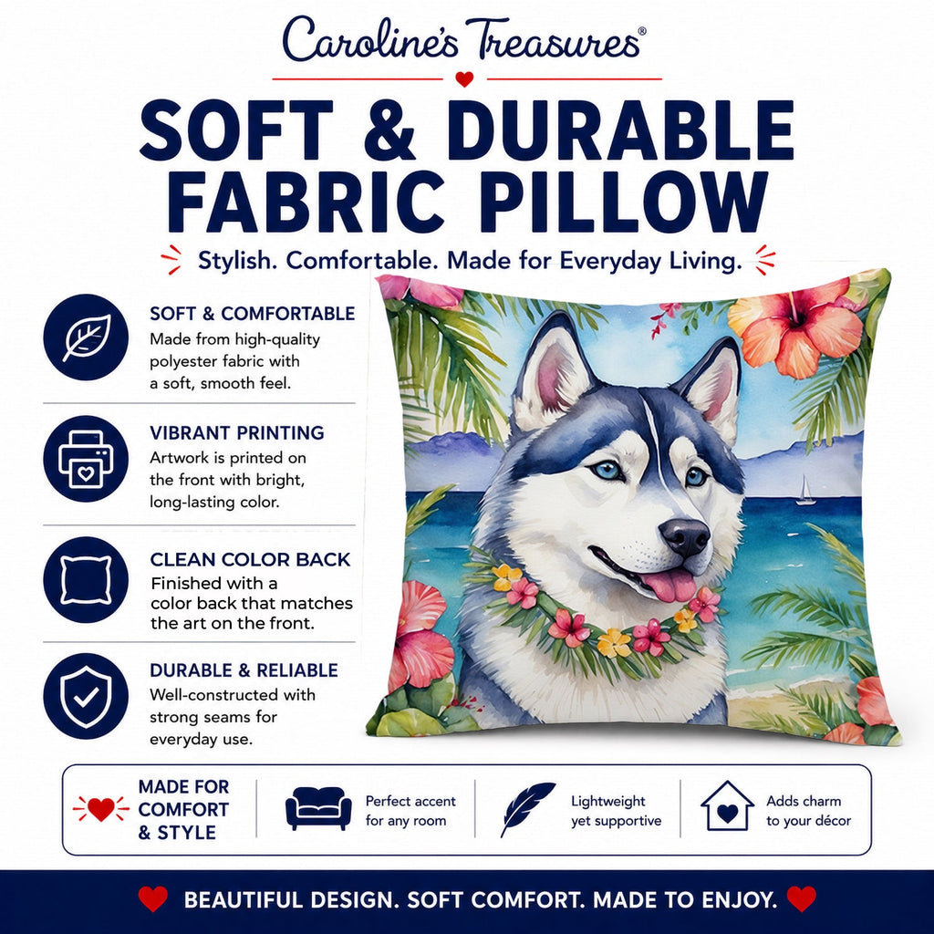 Siberian Husky Luau Decorative Throw Pillow 14x14 Indoor Outdoor Accent Cushion, Fabric Cover with Insert for Sofa, Bed, Porch & Living Room