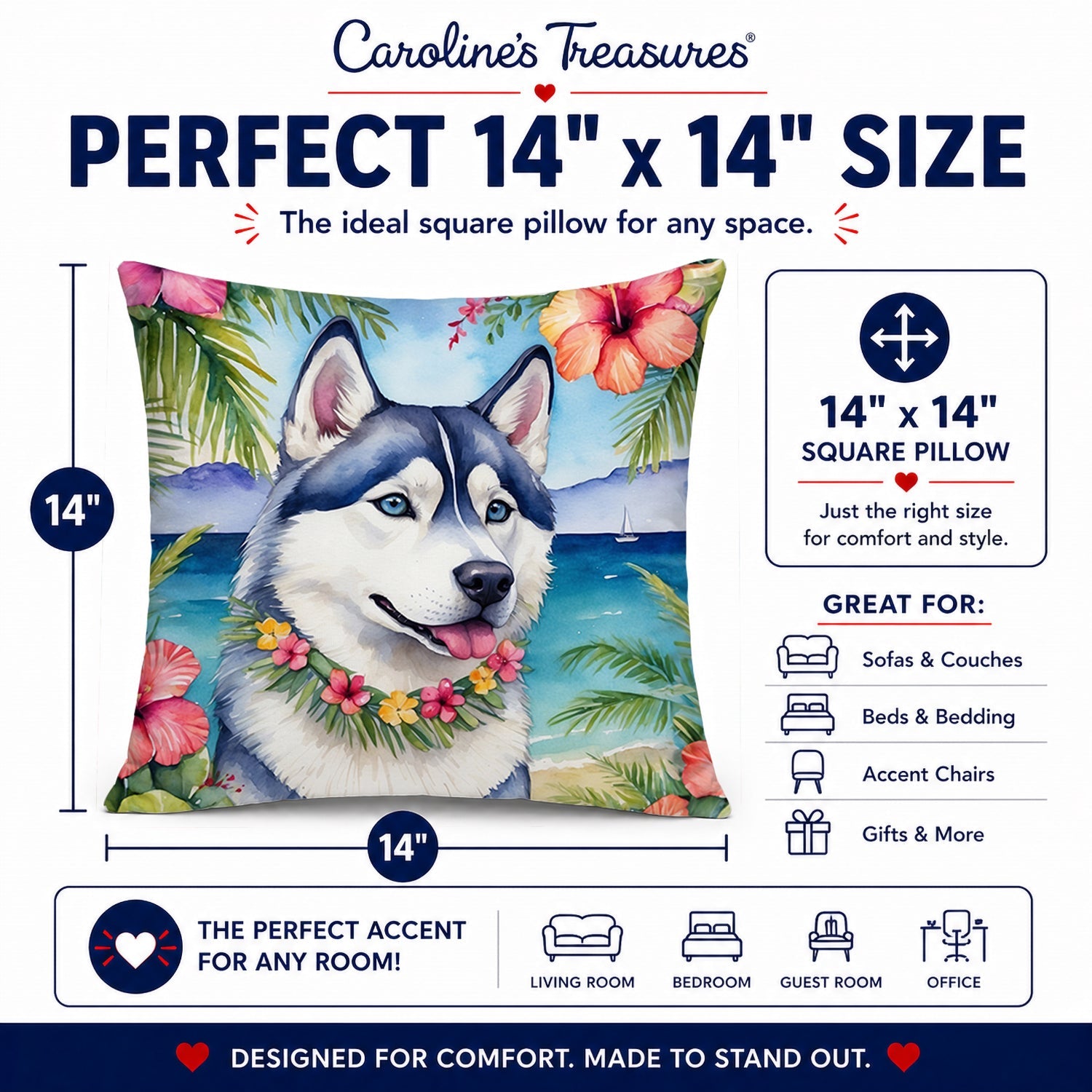 Siberian Husky Luau Decorative Throw Pillow 14x14 Indoor Outdoor Accent Cushion, Fabric Cover with Insert for Sofa, Bed, Porch & Living Room