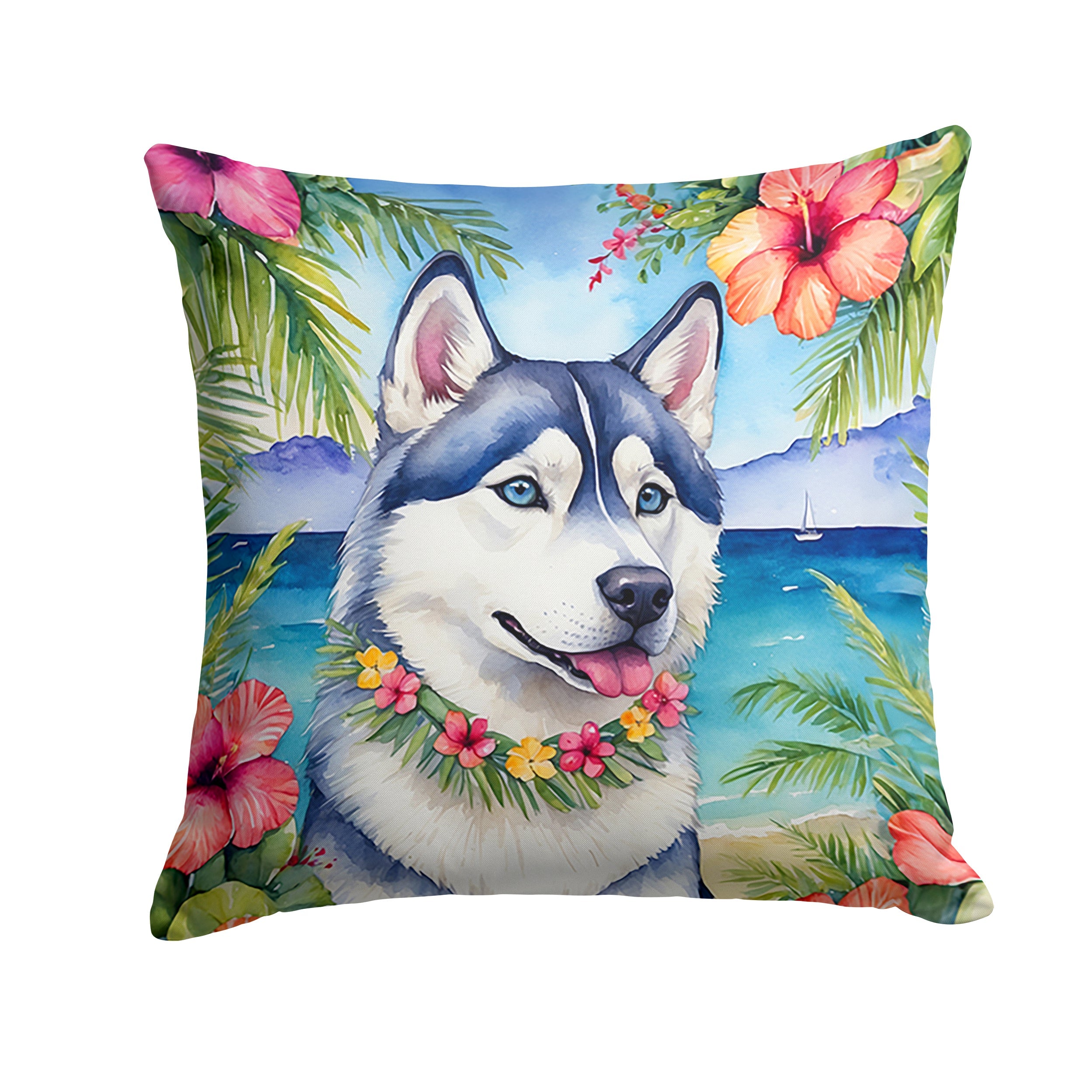 Siberian Husky Luau Decorative Throw Pillow 18x18 Indoor Outdoor Accent Cushion, Fabric Cover with Insert for Sofa, Bed, Porch & Living Room