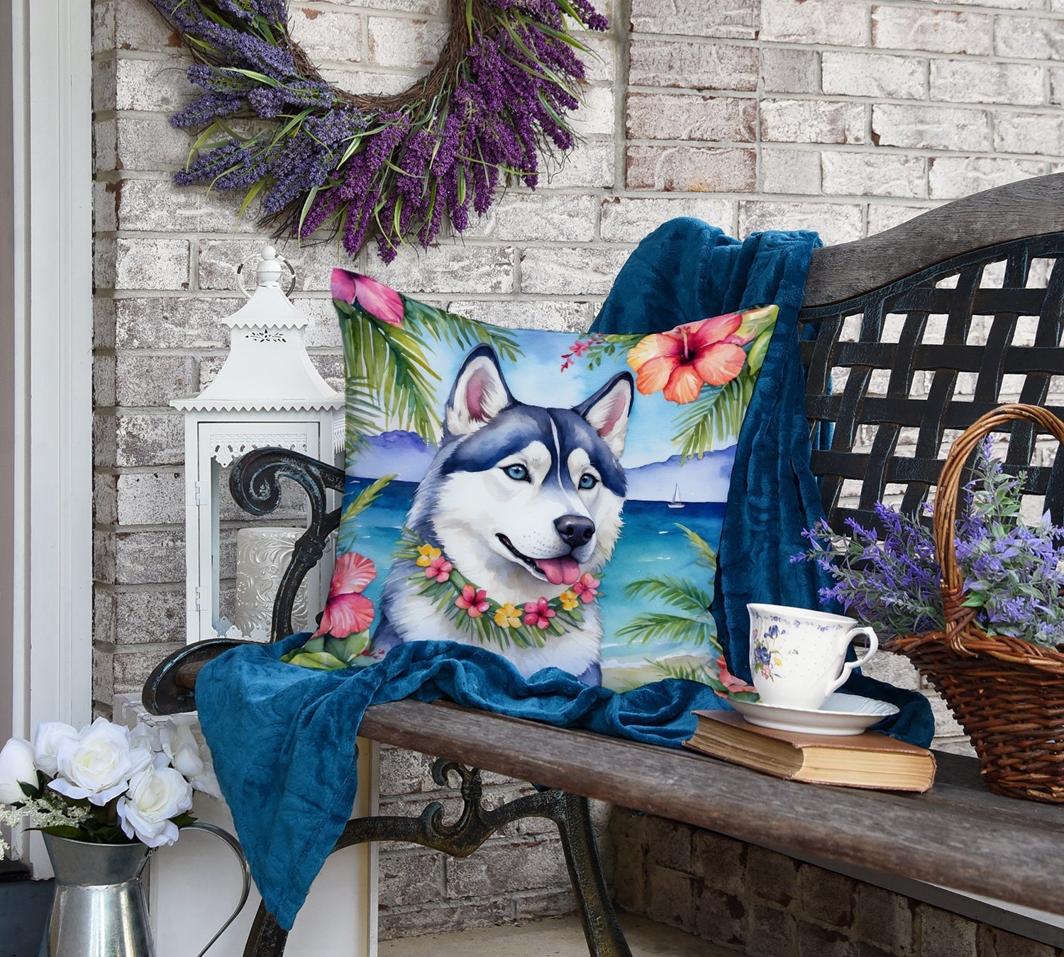 Siberian Husky Luau Decorative Throw Pillow 18x18 Indoor Outdoor Accent Cushion, Fabric Cover with Insert for Sofa, Bed, Porch & Living Room