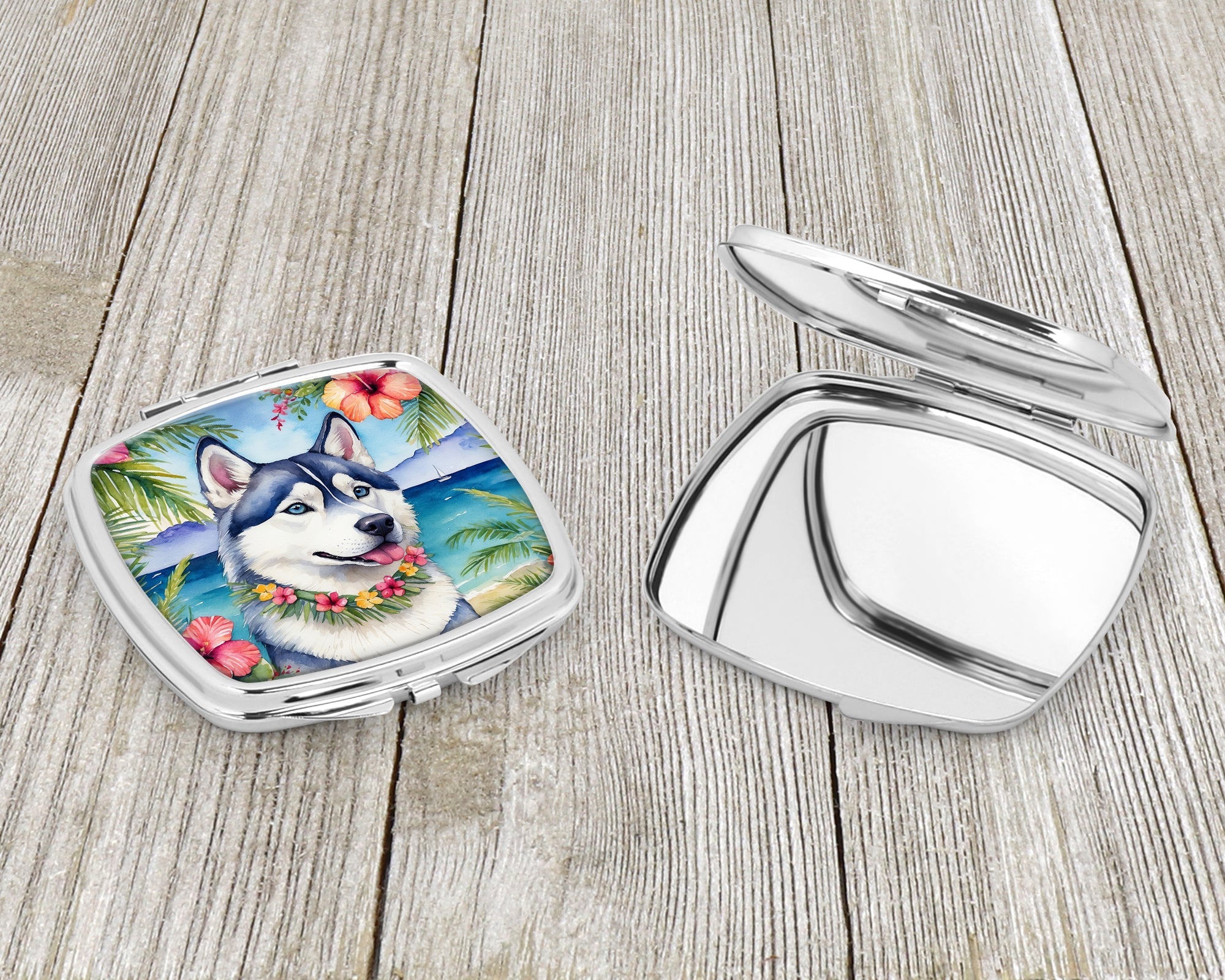 Siberian Husky Luau Compact Mirror Decorative Travel Makeup Mirror for Women Girls Gifts Pocket Makeup Mirror Folding Handheld