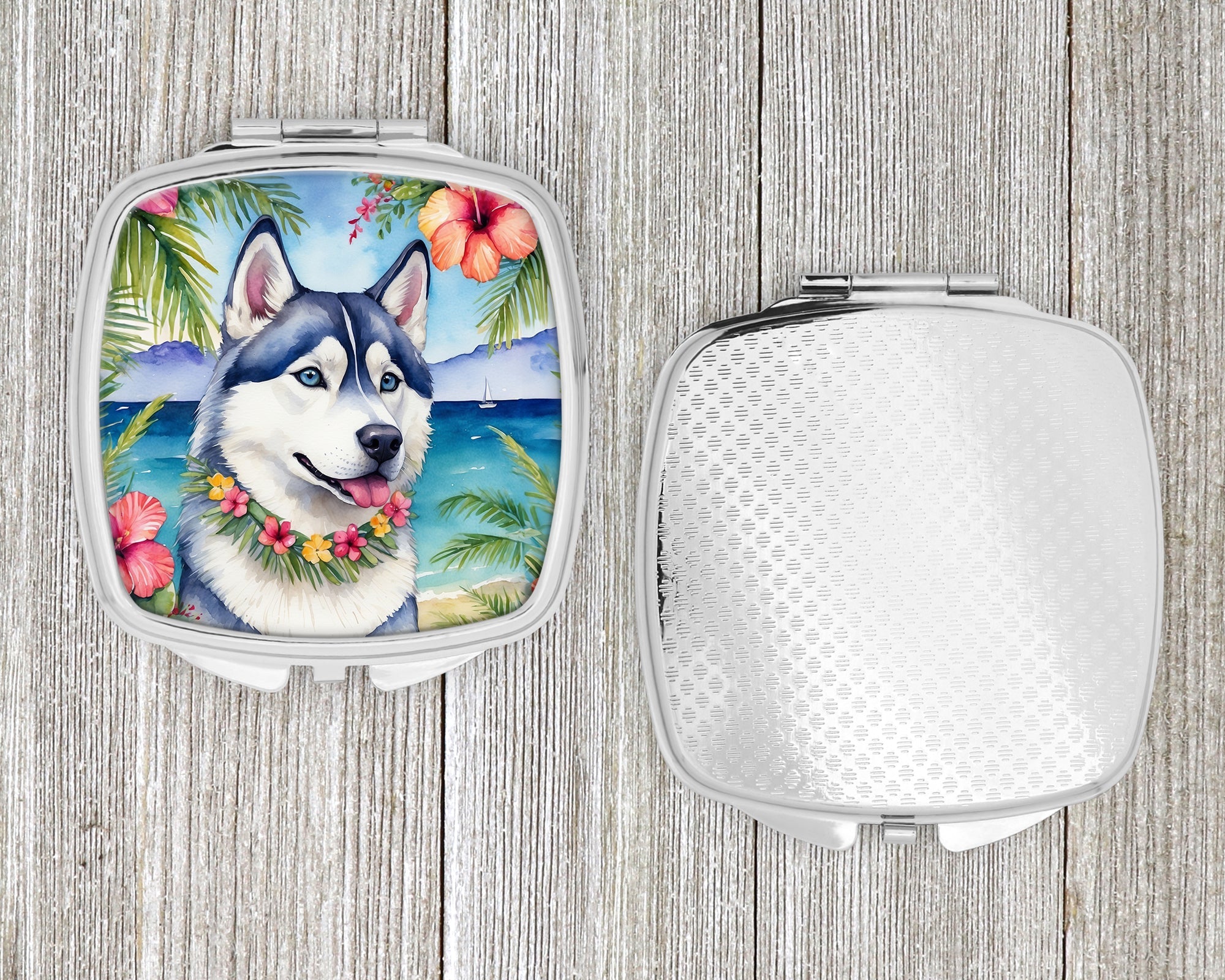 Siberian Husky Luau Compact Mirror Decorative Travel Makeup Mirror for Women Girls Gifts Pocket Makeup Mirror Folding Handheld