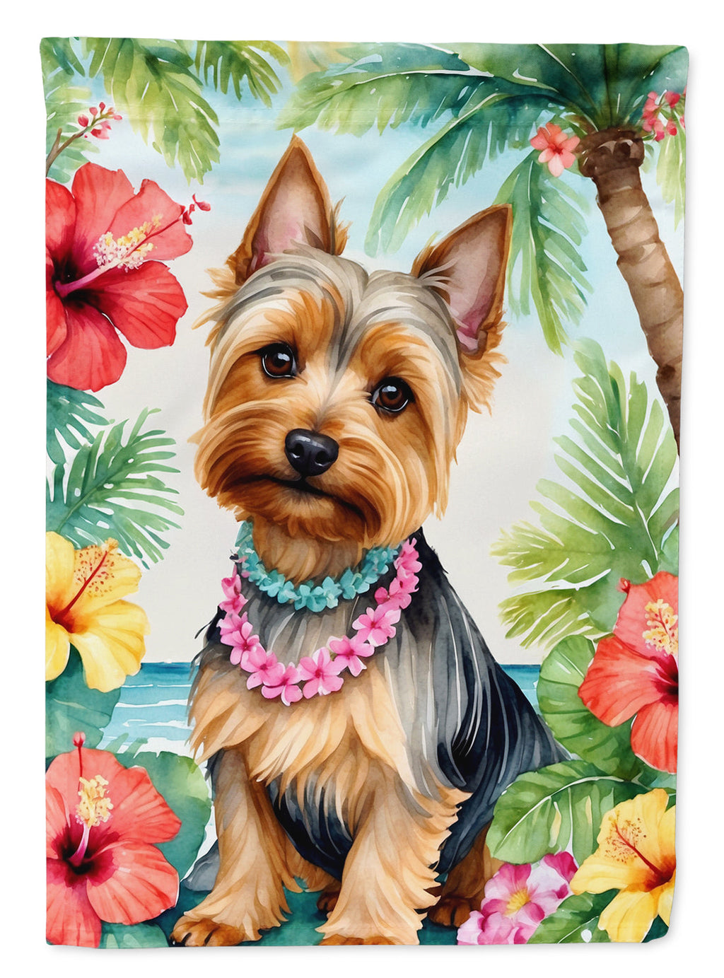 Silky Terrier Luau House Flag 28x40 Porch Sleeve Pole Decorative Outside Yard Banner Artwork Wall Hanging, Polyester