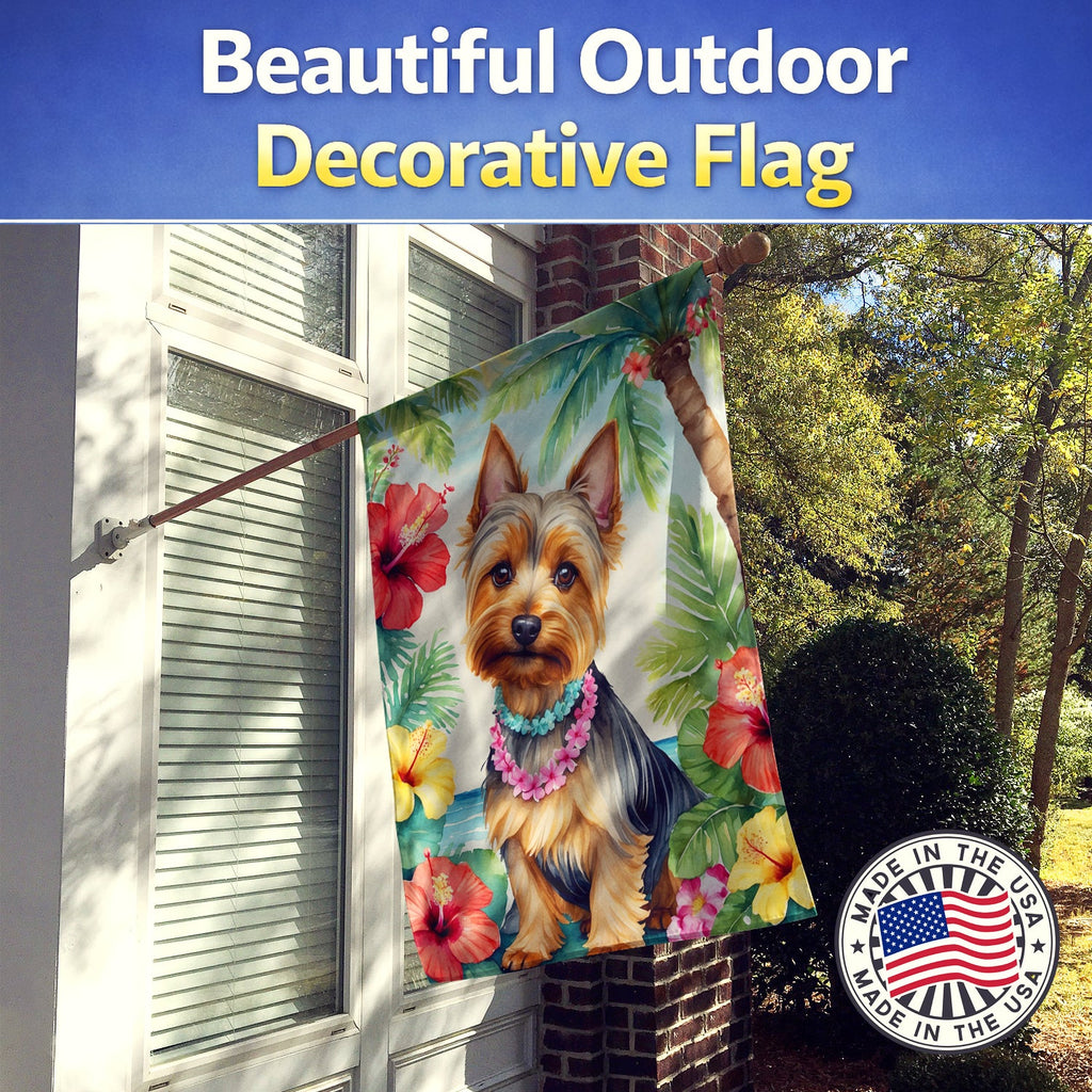 Silky Terrier Luau House Flag 28x40 Porch Sleeve Pole Decorative Outside Yard Banner Artwork Wall Hanging, Polyester