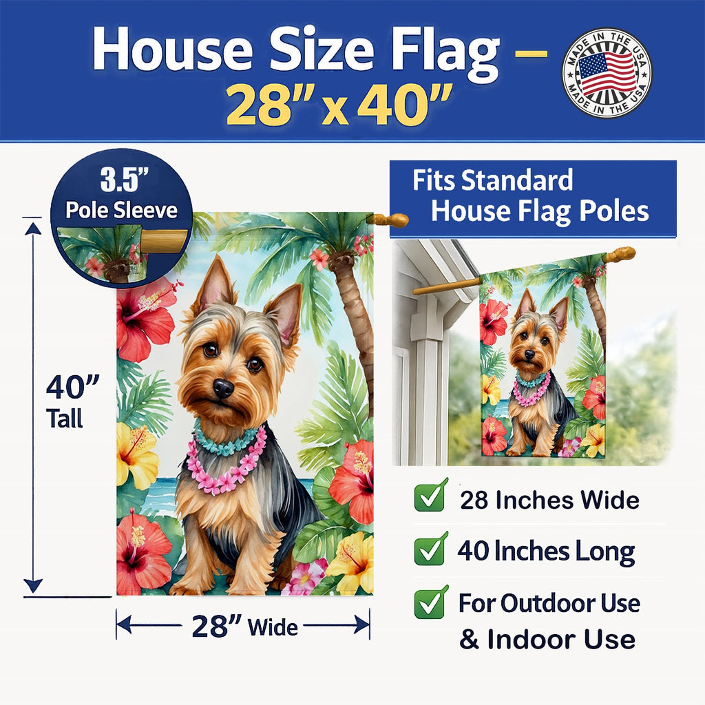 Silky Terrier Luau House Flag 28x40 Porch Sleeve Pole Decorative Outside Yard Banner Artwork Wall Hanging, Polyester