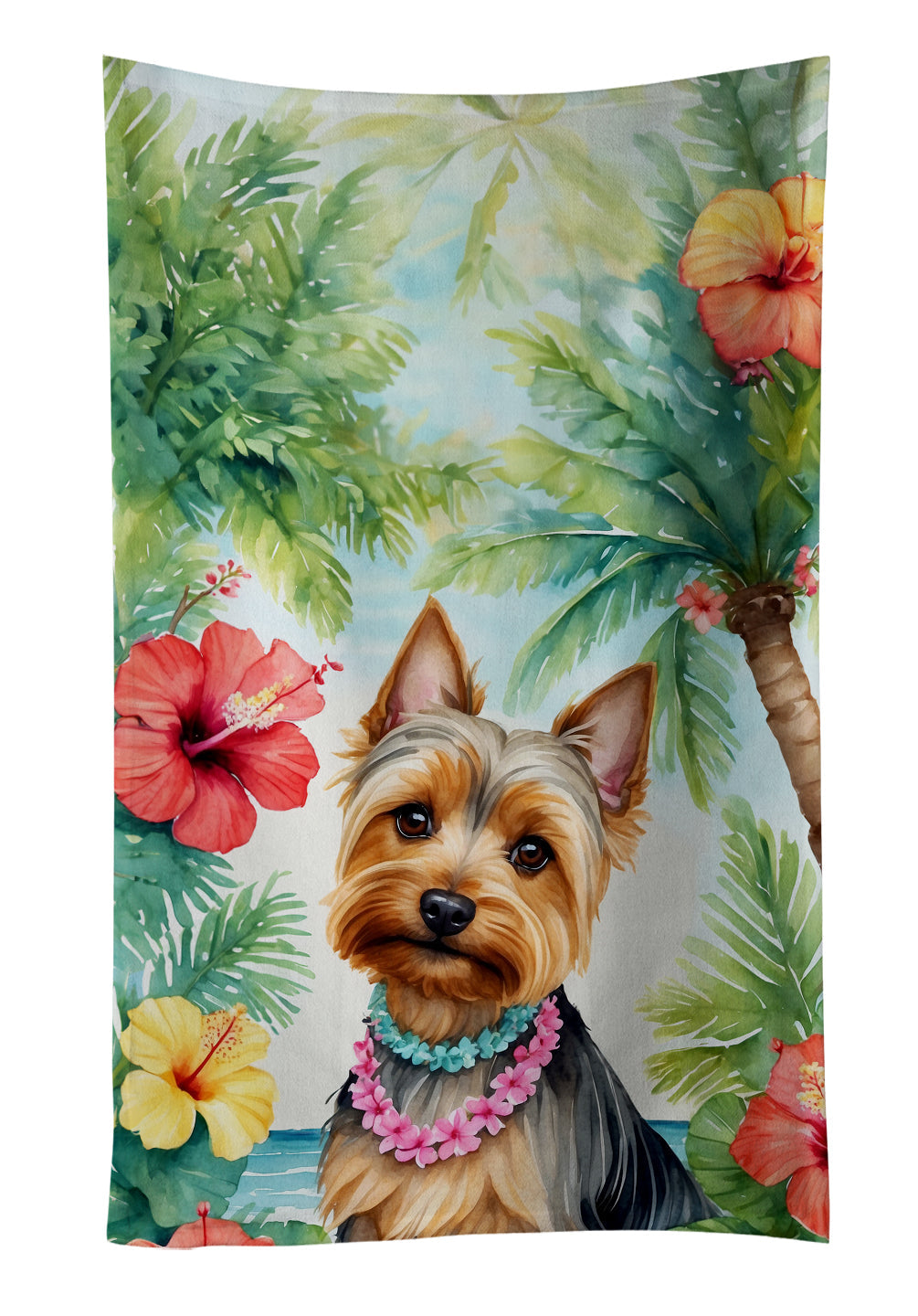 Silky Terrier Luau Kitchen Towel Velour Plush Front and Cotton Loop Back Machine Washable