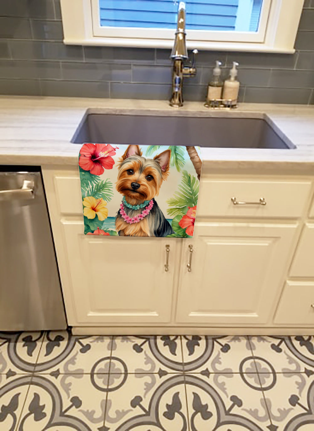 Silky Terrier Luau Kitchen Towel Velour Plush Front and Cotton Loop Back Machine Washable