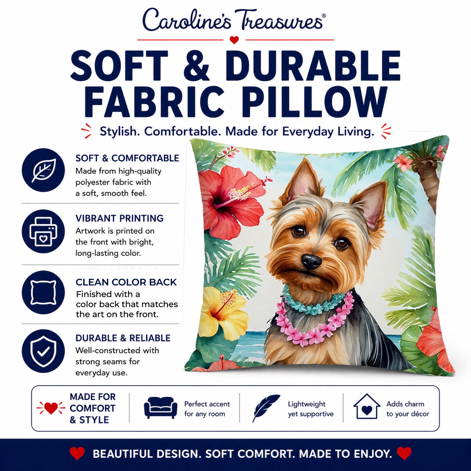 Silky Terrier Luau Decorative Throw Pillow 14x14 Indoor Outdoor Accent Cushion, Fabric Cover with Insert for Sofa, Bed, Porch & Living Room
