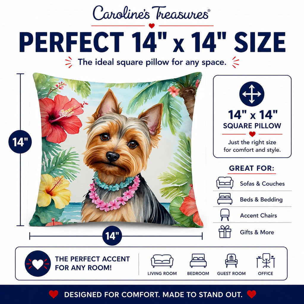 Silky Terrier Luau Decorative Throw Pillow 14x14 Indoor Outdoor Accent Cushion, Fabric Cover with Insert for Sofa, Bed, Porch & Living Room
