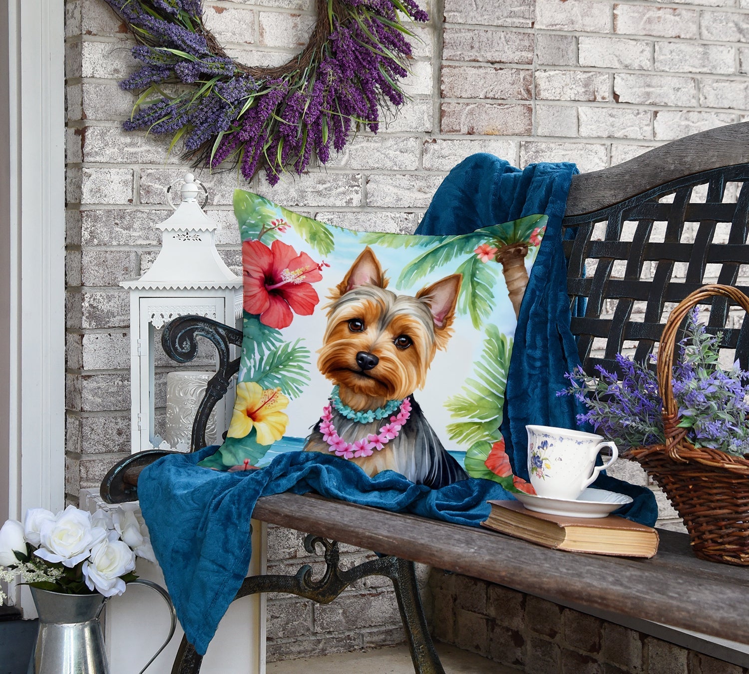 Silky Terrier Luau Decorative Throw Pillow 18x18 Indoor Outdoor Accent Cushion, Fabric Cover with Insert for Sofa, Bed, Porch & Living Room