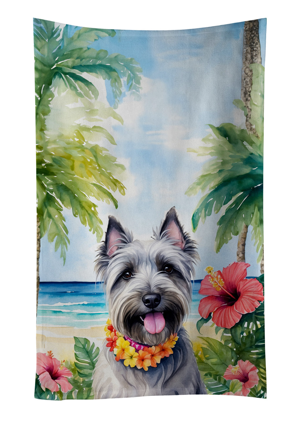 Skye Terrier Luau Kitchen Towel Velour Plush Front and Cotton Loop Back Machine Washable