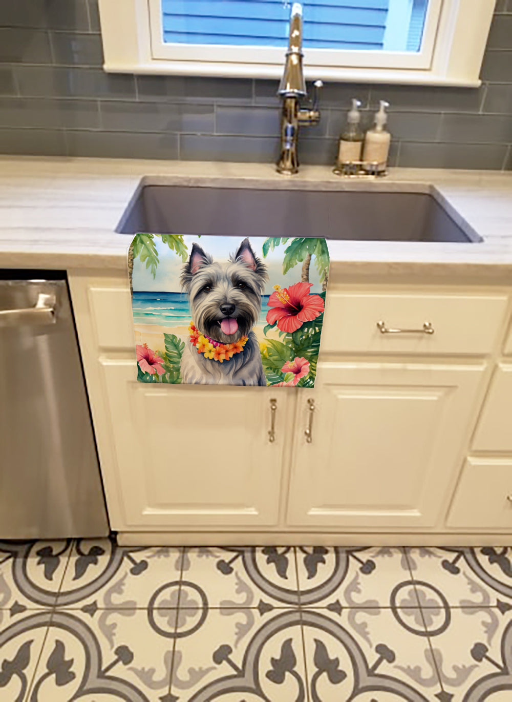Skye Terrier Luau Kitchen Towel Velour Plush Front and Cotton Loop Back Machine Washable