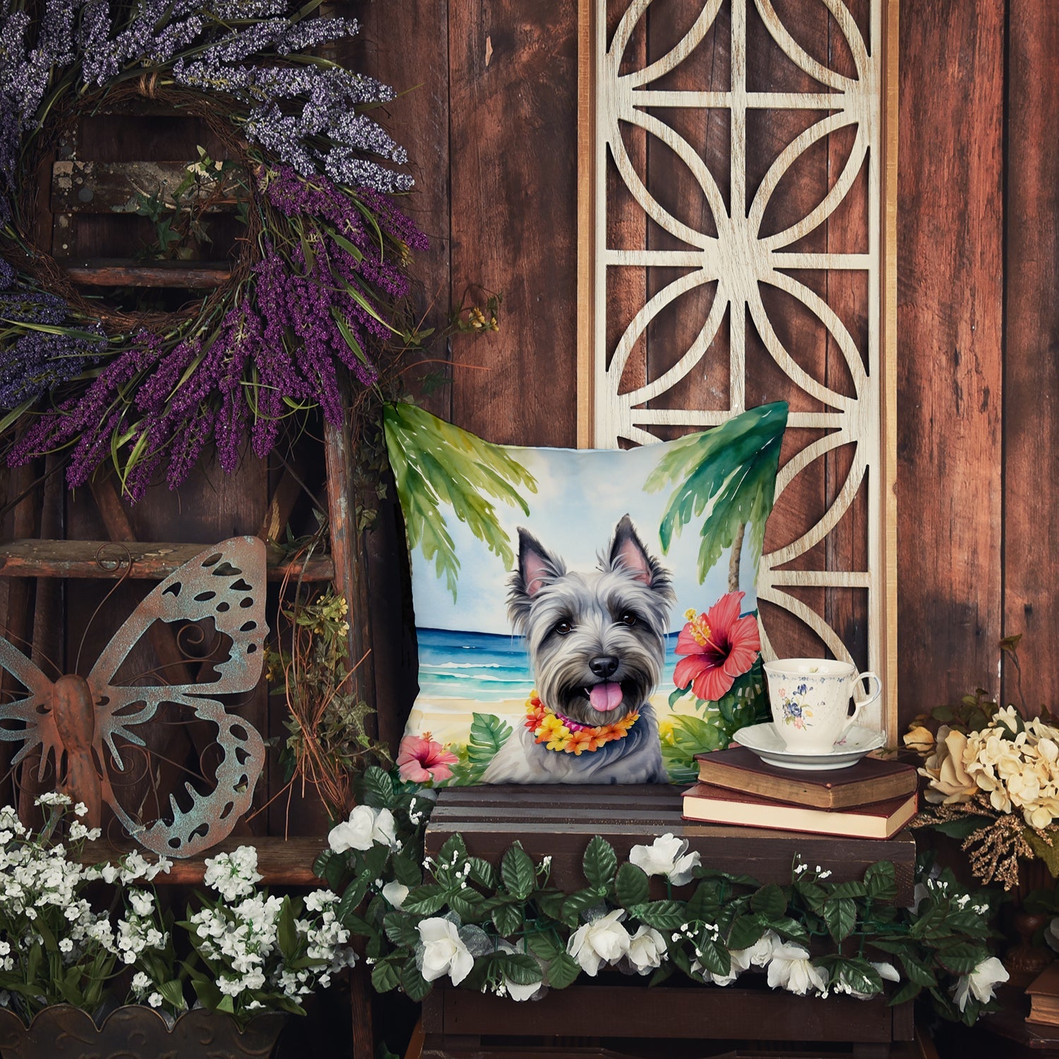 Skye Terrier Luau Decorative Throw Pillow 18x18 Indoor Outdoor Accent Cushion, Fabric Cover with Insert for Sofa, Bed, Porch & Living Room