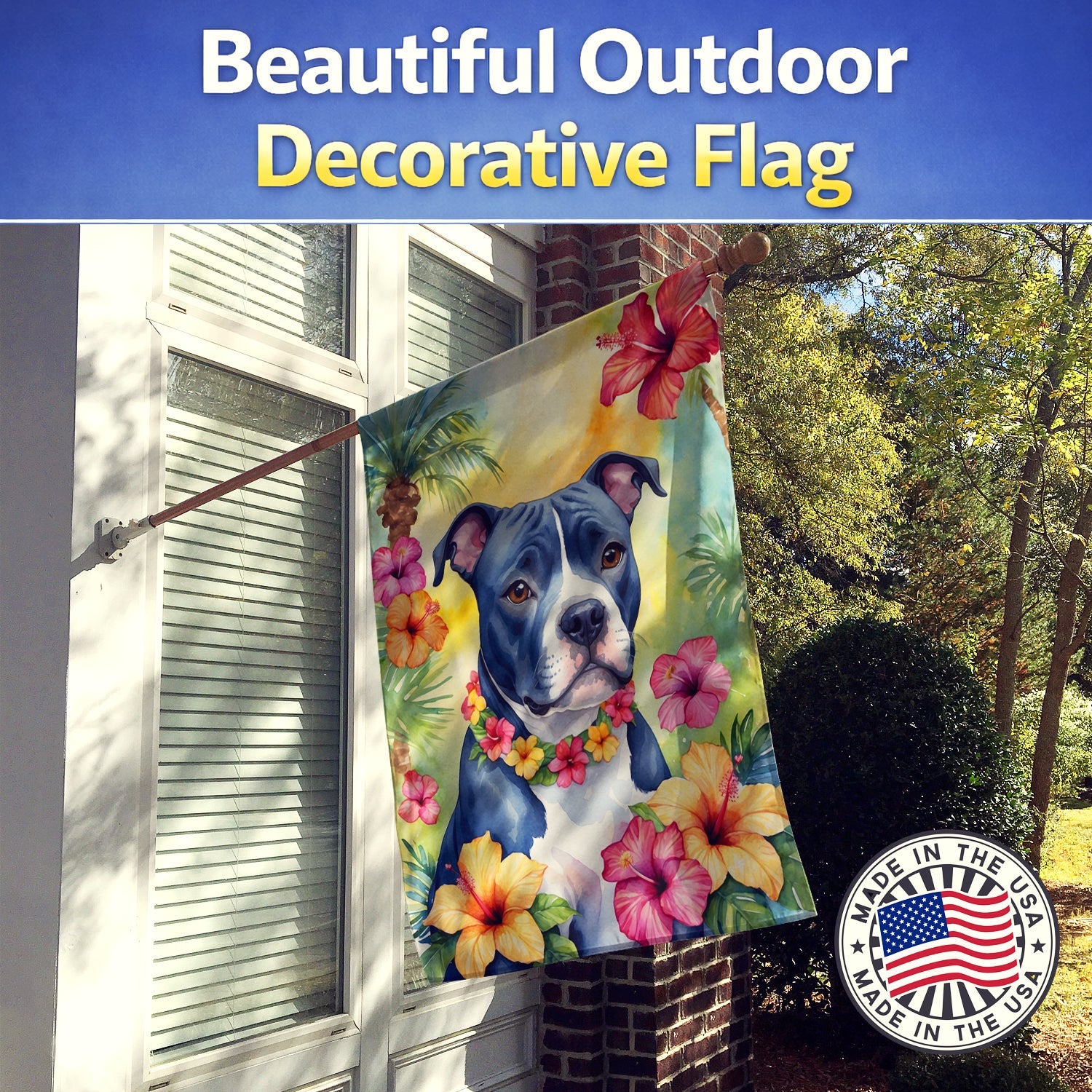 Staffordshire Bull Terrier Luau House Flag 28x40 Porch Sleeve Pole Decorative Outside Yard Banner Artwork Wall Hanging, Polyester