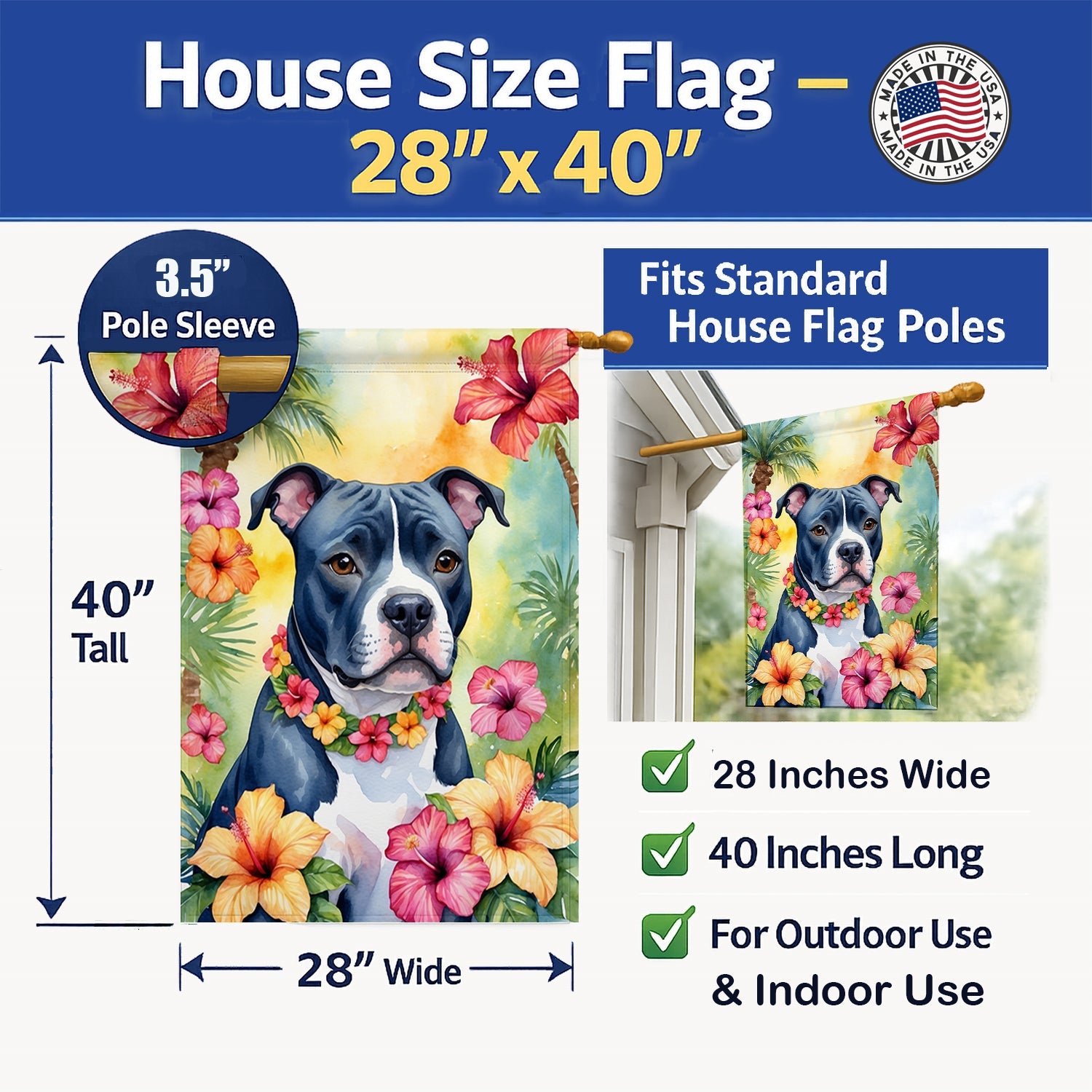 Staffordshire Bull Terrier Luau House Flag 28x40 Porch Sleeve Pole Decorative Outside Yard Banner Artwork Wall Hanging, Polyester