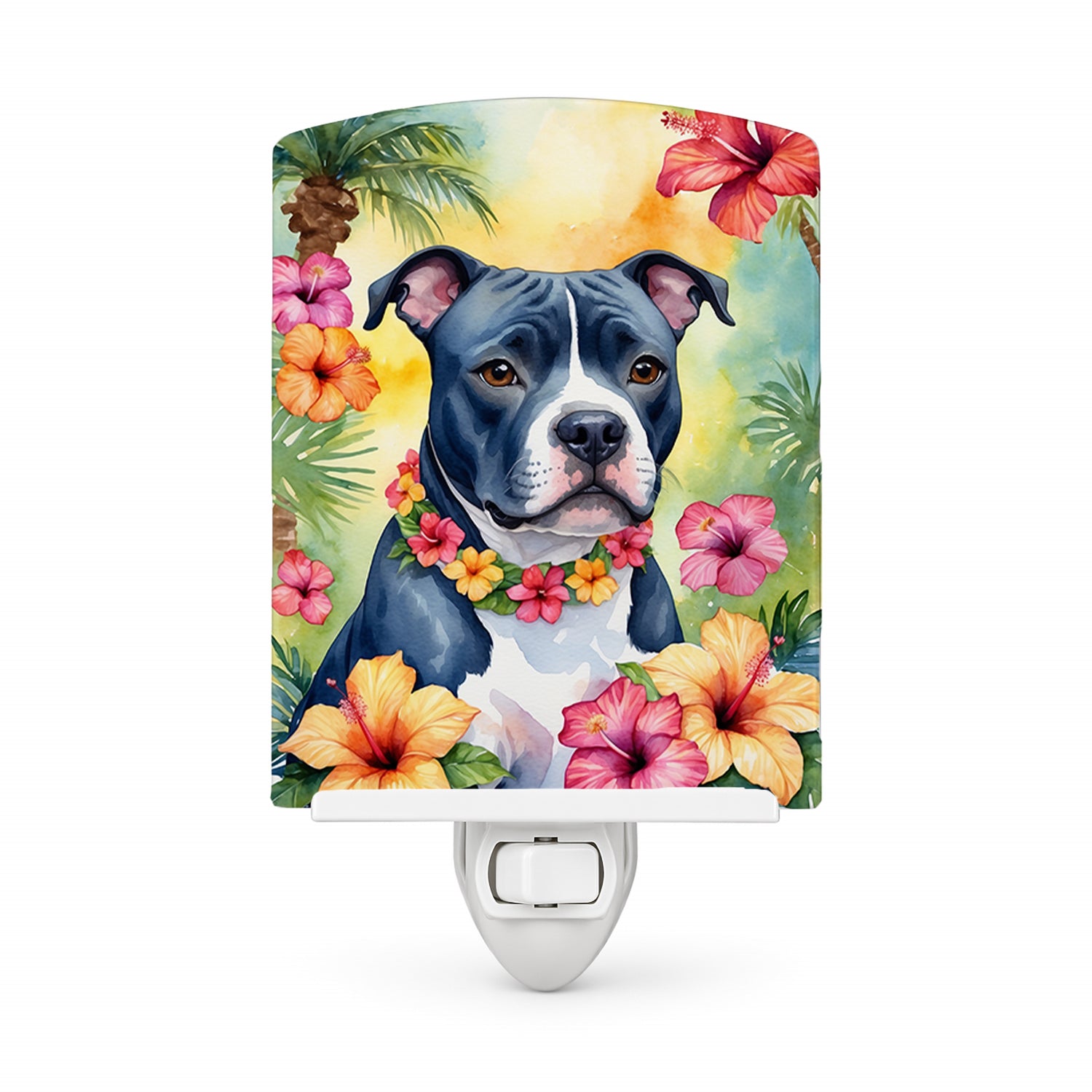 Staffordshire Bull Terrier Luau Ceramic Night Light Compact, UL-Certified, Ideal for Bedroom, Bathroom, Nursery, Hallway, Kitchen, 6x4x3, Multicolor