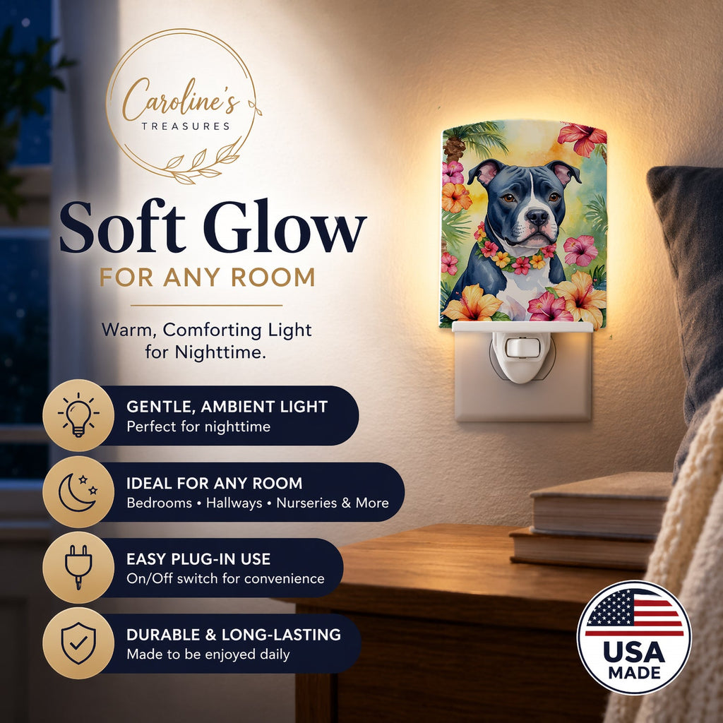 Staffordshire Bull Terrier Luau Ceramic Night Light Compact, UL-Certified, Ideal for Bedroom, Bathroom, Nursery, Hallway, Kitchen, 6x4x3, Multicolor