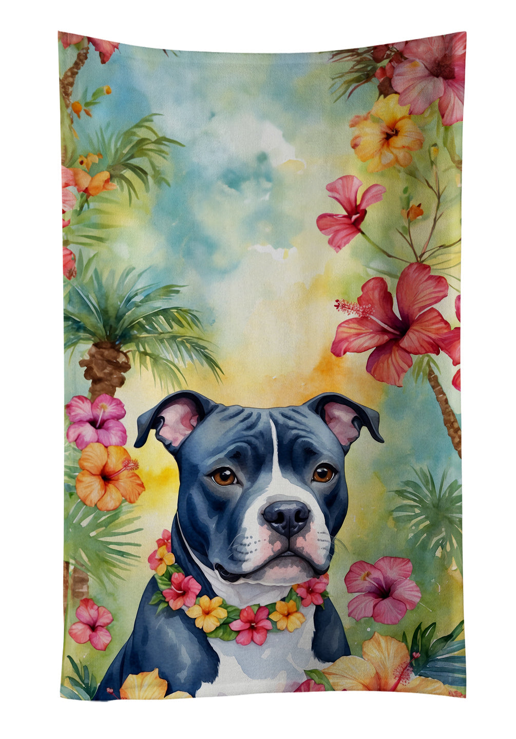 Staffordshire Bull Terrier Luau Kitchen Towel Velour Plush Front and Cotton Loop Back Machine Washable