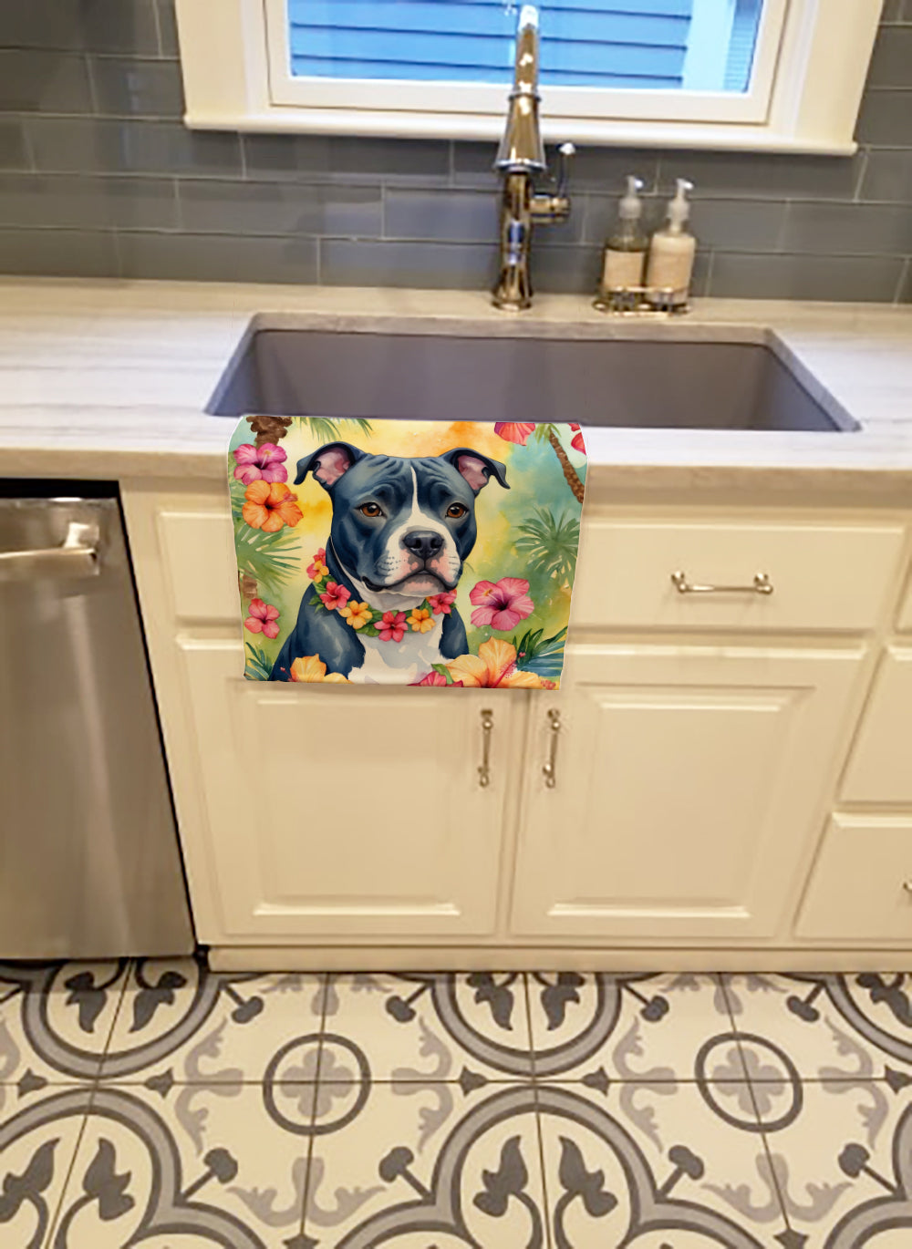 Staffordshire Bull Terrier Luau Kitchen Towel Velour Plush Front and Cotton Loop Back Machine Washable