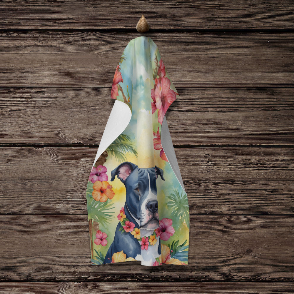 Staffordshire Bull Terrier Luau Kitchen Towel Velour Plush Front and Cotton Loop Back Machine Washable
