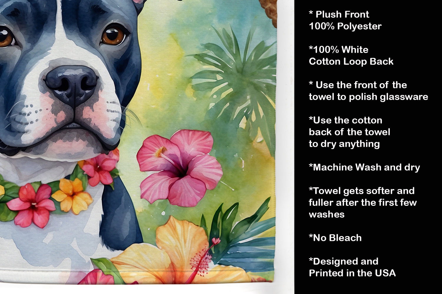 Staffordshire Bull Terrier Luau Kitchen Towel Velour Plush Front and Cotton Loop Back Machine Washable