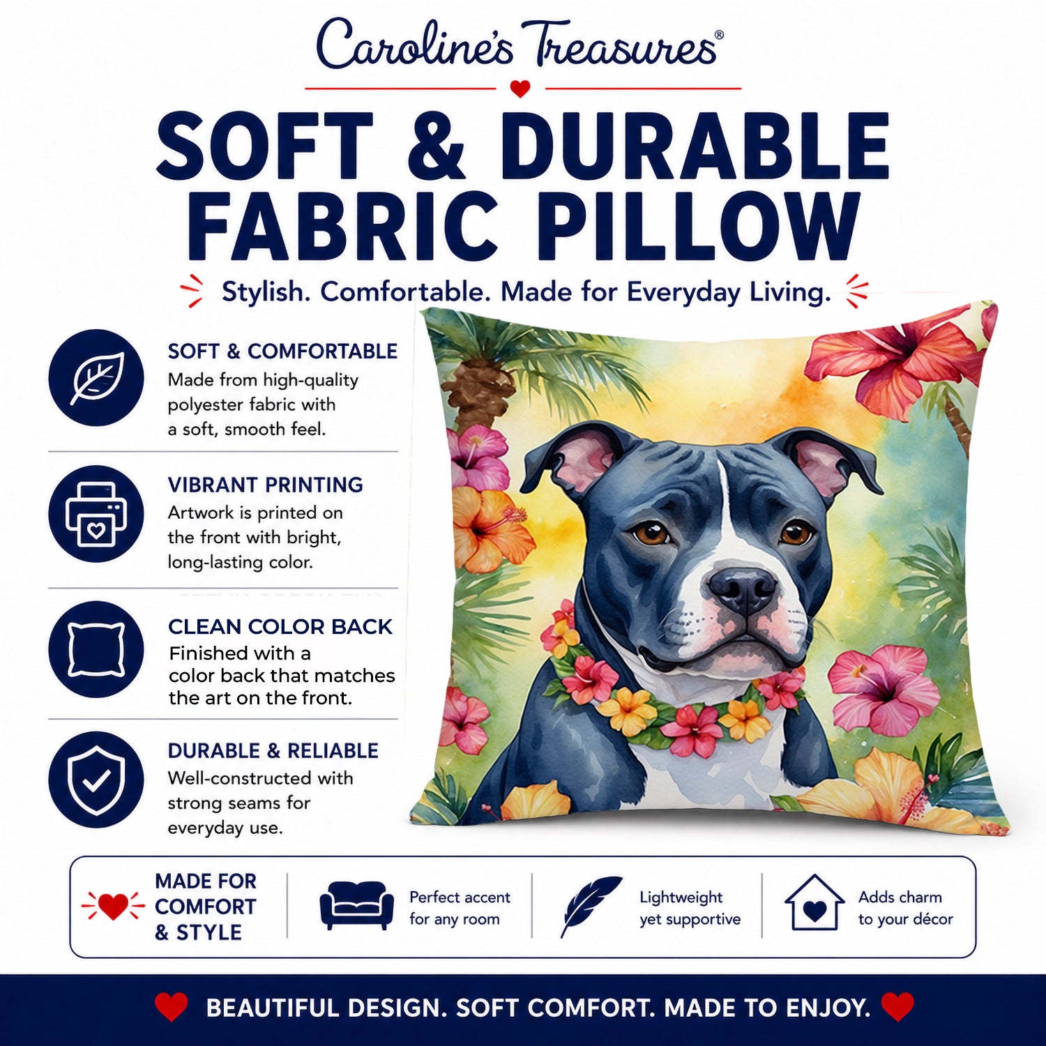 Staffordshire Bull Terrier Luau Decorative Throw Pillow 14x14 Indoor Outdoor Accent Cushion, Fabric Cover with Insert for Sofa, Bed, Porch & Living Room