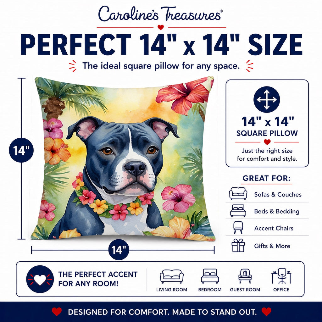 Staffordshire Bull Terrier Luau Decorative Throw Pillow 14x14 Indoor Outdoor Accent Cushion, Fabric Cover with Insert for Sofa, Bed, Porch & Living Room