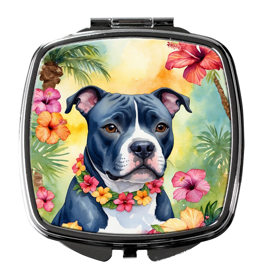 Staffordshire Bull Terrier Luau Compact Mirror Decorative Travel Makeup Mirror for Women Girls Gifts Pocket Makeup Mirror Folding Handheld
