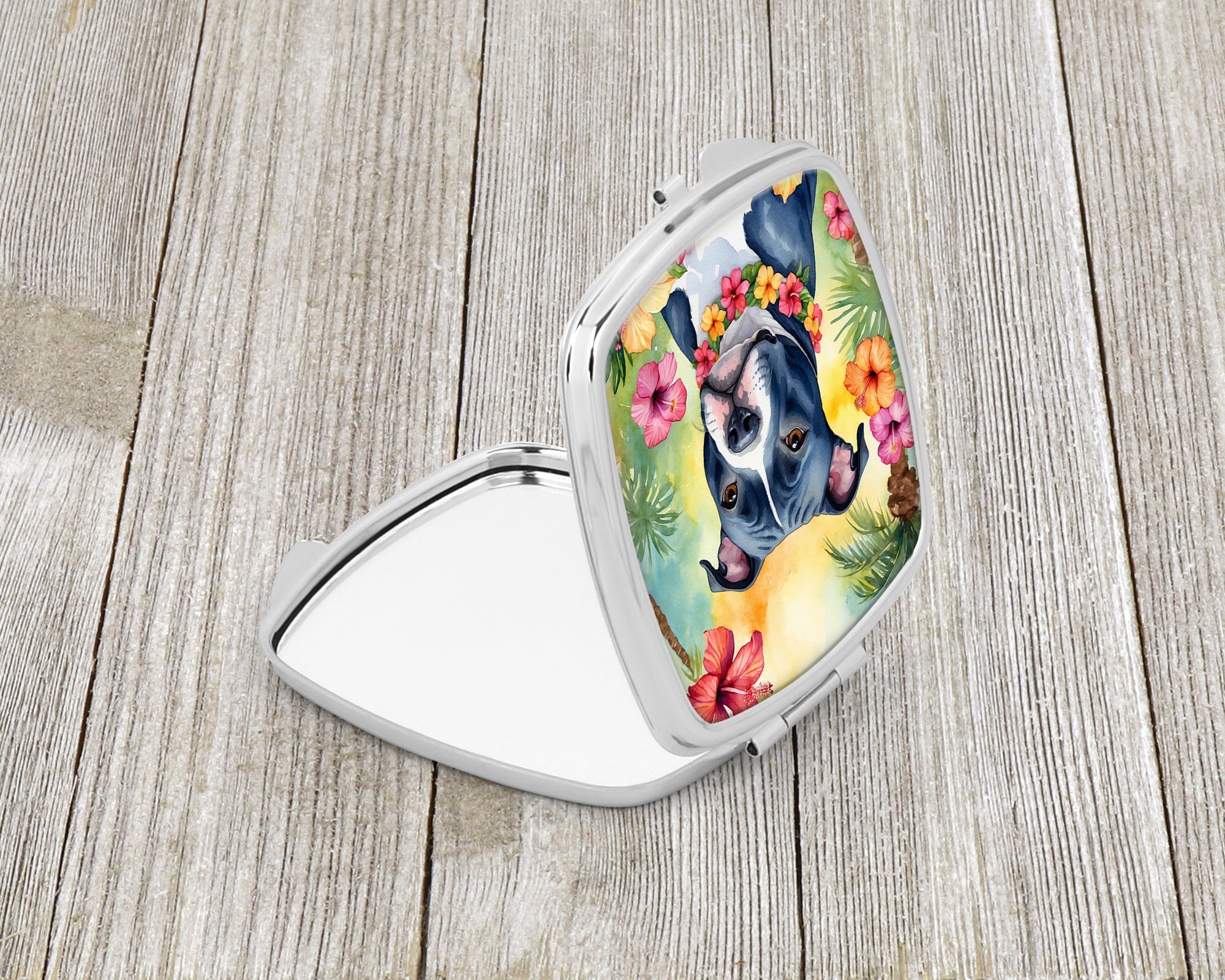 Staffordshire Bull Terrier Luau Compact Mirror Decorative Travel Makeup Mirror for Women Girls Gifts Pocket Makeup Mirror Folding Handheld