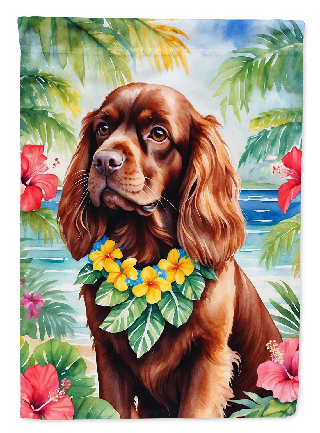 Sussex Spaniel Luau House Flag 28x40 Porch Sleeve Pole Decorative Outside Yard Banner Artwork Wall Hanging, Polyester