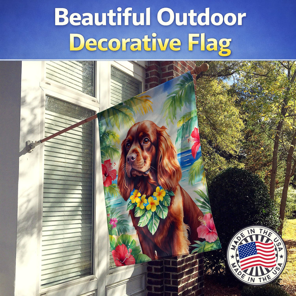 Sussex Spaniel Luau House Flag 28x40 Porch Sleeve Pole Decorative Outside Yard Banner Artwork Wall Hanging, Polyester
