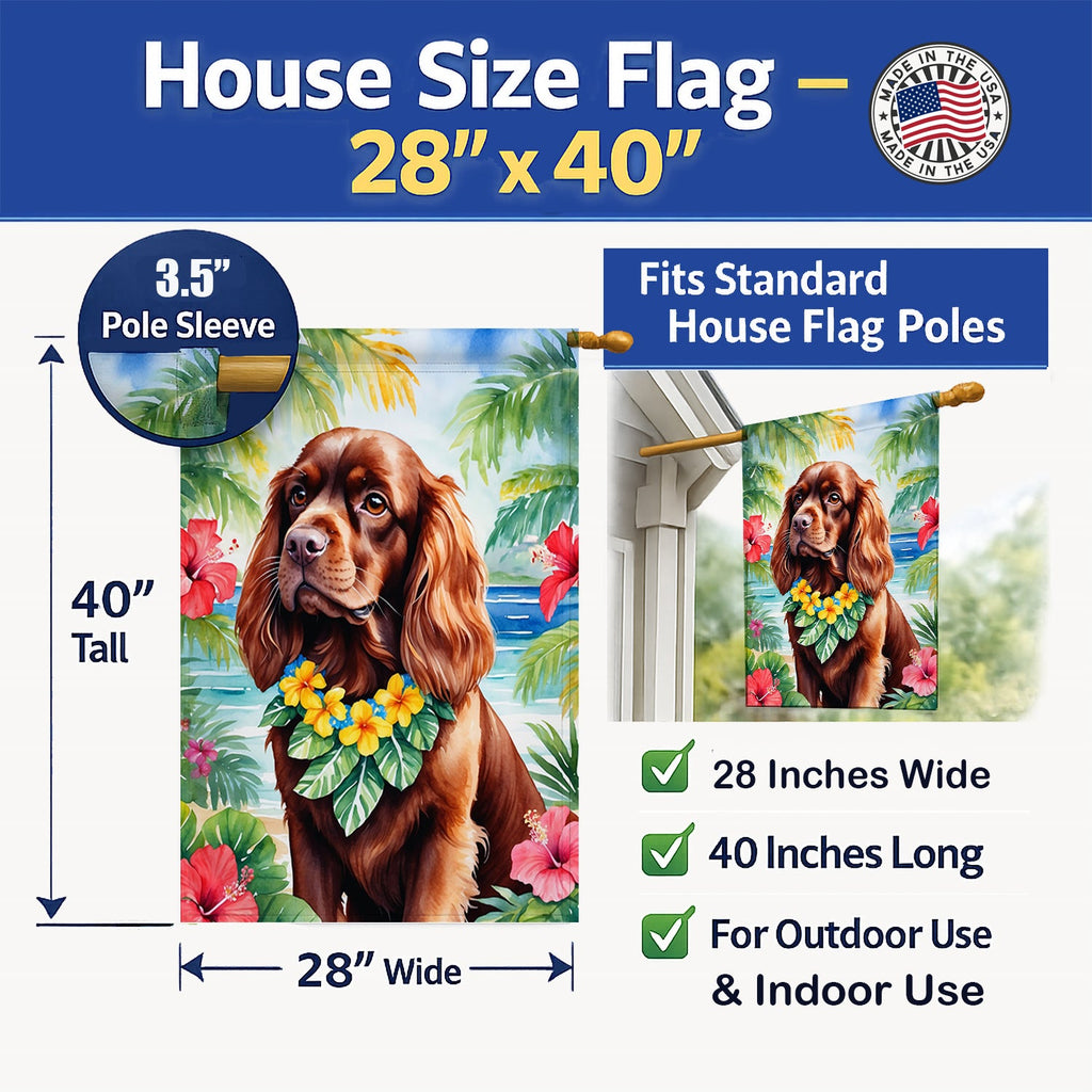 Sussex Spaniel Luau House Flag 28x40 Porch Sleeve Pole Decorative Outside Yard Banner Artwork Wall Hanging, Polyester