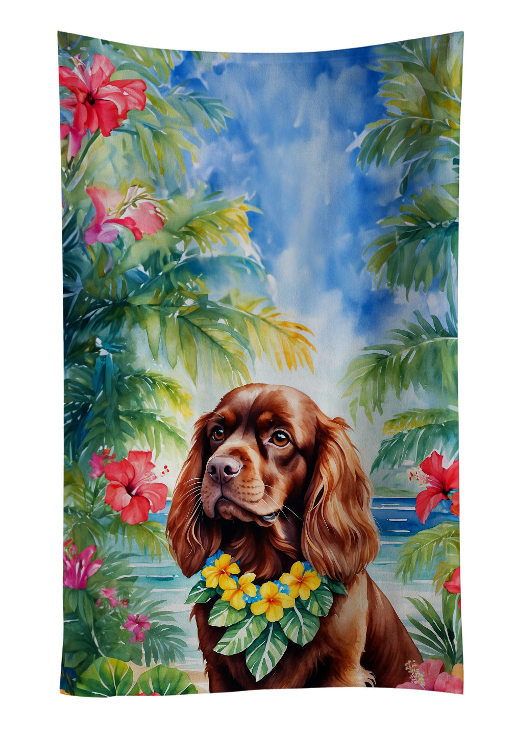 Sussex Spaniel Luau Kitchen Towel Velour Plush Front and Cotton Loop Back Machine Washable