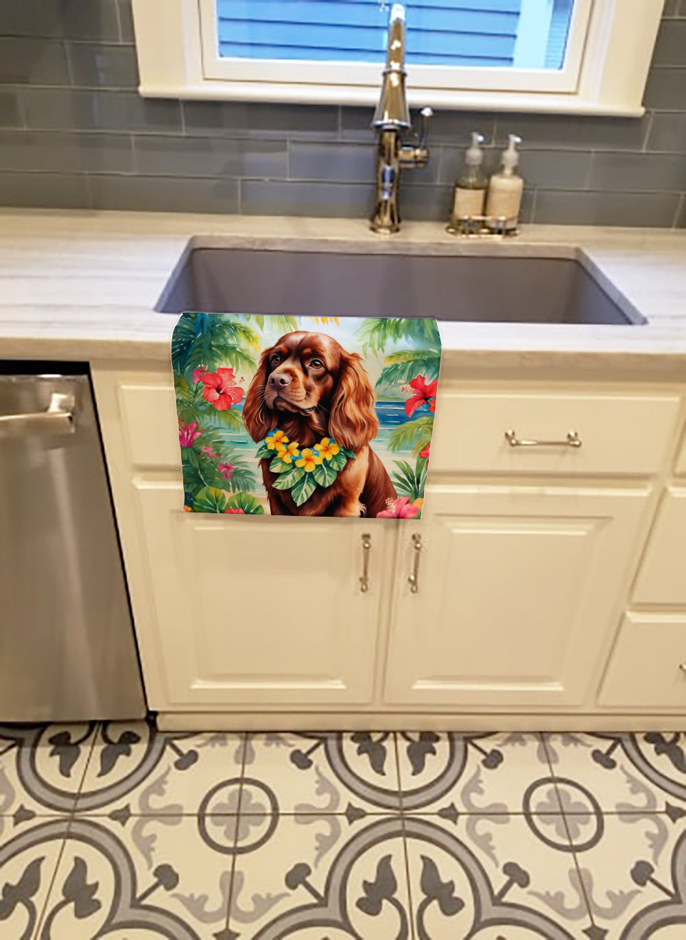 Sussex Spaniel Luau Kitchen Towel Velour Plush Front and Cotton Loop Back Machine Washable