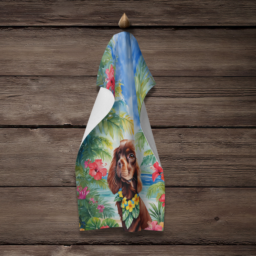 Sussex Spaniel Luau Kitchen Towel Velour Plush Front and Cotton Loop Back Machine Washable