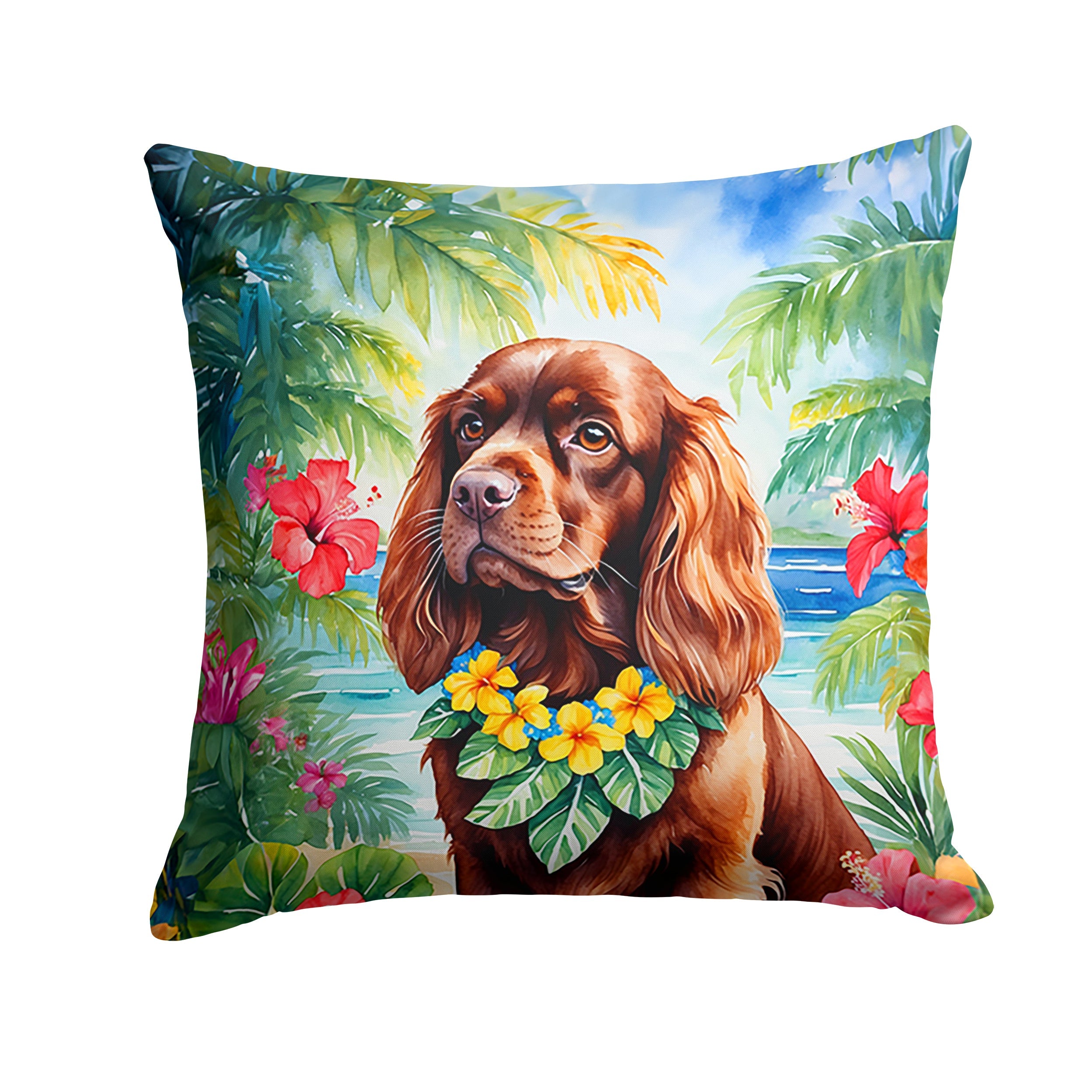 Sussex Spaniel Luau Decorative Throw Pillow 14x14 Indoor Outdoor Accent Cushion, Fabric Cover with Insert for Sofa, Bed, Porch & Living Room